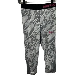 Nike Pro Dri-fit Girl's Crop Leggings Size XL Gray Static with Pink Swoosh